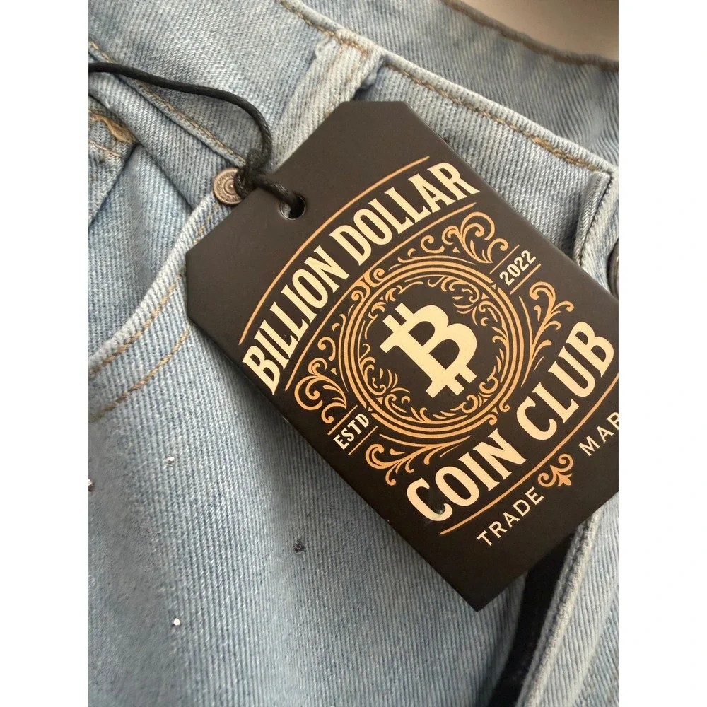 Billion Dollar Coin Club Mens 34W Rhinestone Cross Denim Shorts Light Wash Blue